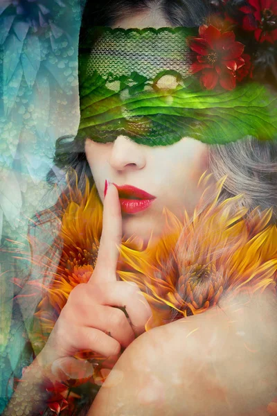 Fantasy Beautiful Woman Silence Gesture Portrait Composite Photo — Stock Photo, Image
