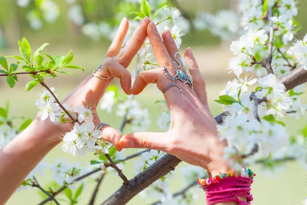 Жіночі руки з великою кількістю кілець і браслетів в жесті символу серця — стокове фото
