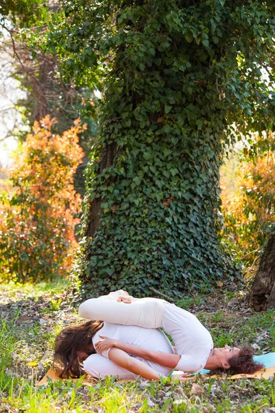 Young man and woman practice partner yoga outdoor in wood summer — Stok fotoğraf