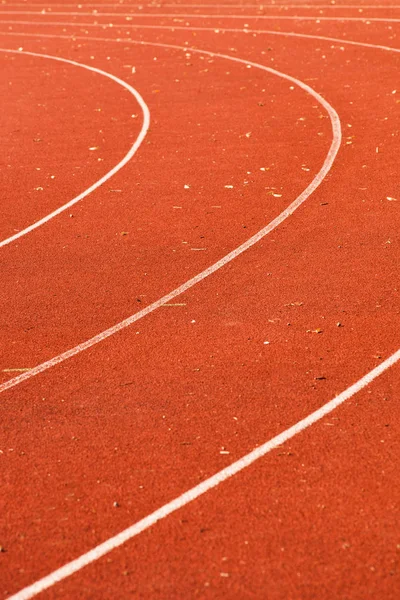 Athletic red running tracks whit white lines and some leaves on — Stock Photo, Image