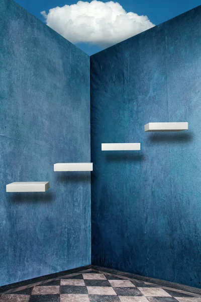 white  floating stairs in grunge blue room and tiled floor with sky and white cloud above minimalist conceptual idea