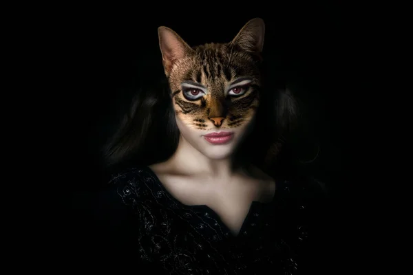 Όμορφη Γυναίκα Γάτα Πορτρέτο Κολάζ Εννοιολογική Δημιουργική Εικόνα — Φωτογραφία Αρχείου