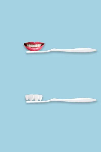 Zubní Kartáček Zuby Krásný Úsměv Konceptuální Minimální Kreativní Nápad — Stock fotografie