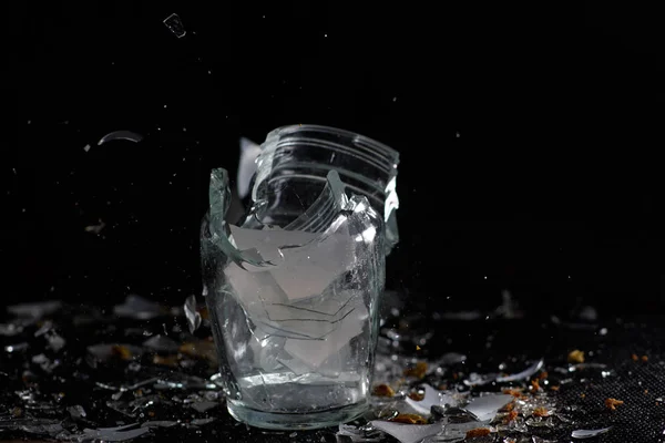 Broken Glass Front Black Background Photographed Name Glass Shards Cocktail — Stock Photo, Image