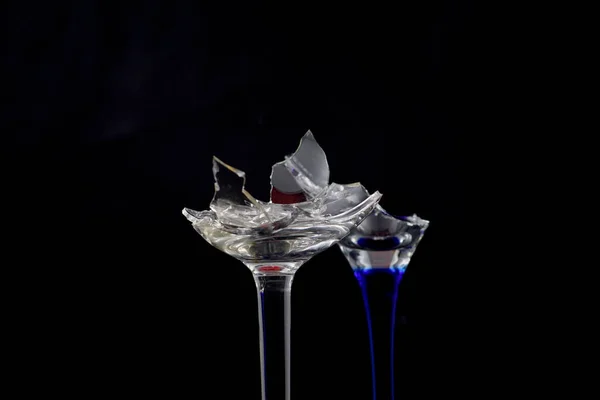 Broken Glass Front Black Background Photographed Name Glass Shards Cocktail — Stock Photo, Image