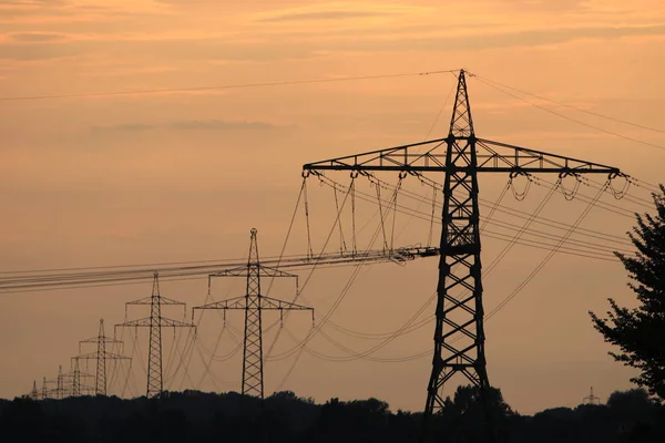 Electricity Pylons Sunset Photographed Germany End Hot Summer Day — Stock Fotó