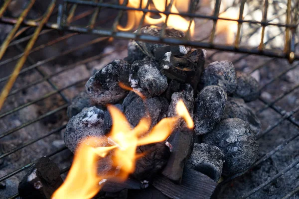 Kolbász Barbecue Val Faszén Grill Kertben — Stock Fotó