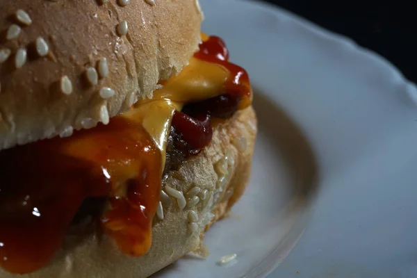 Delicioso Hambúrguer Com Queijo Ketchup Preparado Cozinha Fotografado Estúdio — Fotografia de Stock