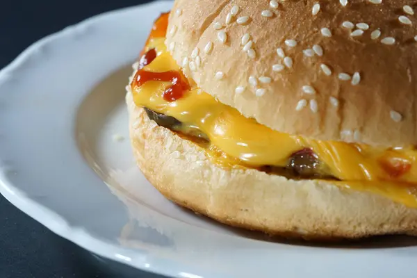 Delicioso Hambúrguer Com Queijo Ketchup Preparado Cozinha Fotografado Estúdio — Fotografia de Stock