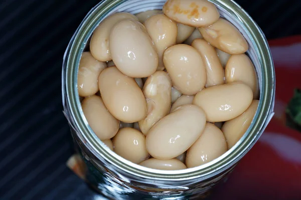 Haricots Géants Blancs Conserve Cuits Dans Une Casserole Avec Macro — Photo