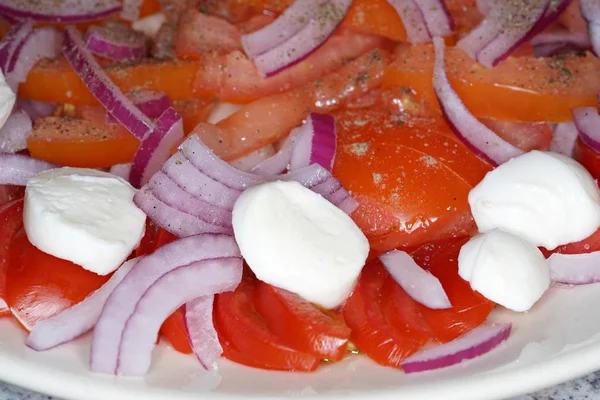 Tomato Mozzarella Salad Washed Tomatoes Rings Cut Onions Mozzarella — Stock Photo, Image