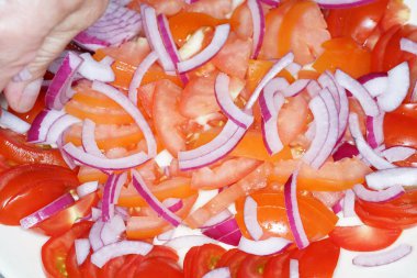 Yıkanmış domatesli ve soğanlı soğan ve domates salatası.