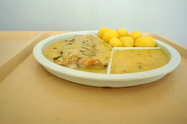 配上煮熟的土豆和肉汁的鲑鱼是盘中美味的午餐 — 图库照片