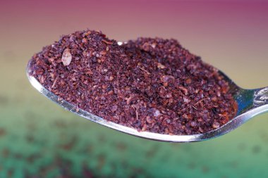 Makro mercekli Sumac baharat tozu stüdyodaki renkli gradyan karşısında fotoğraflandı