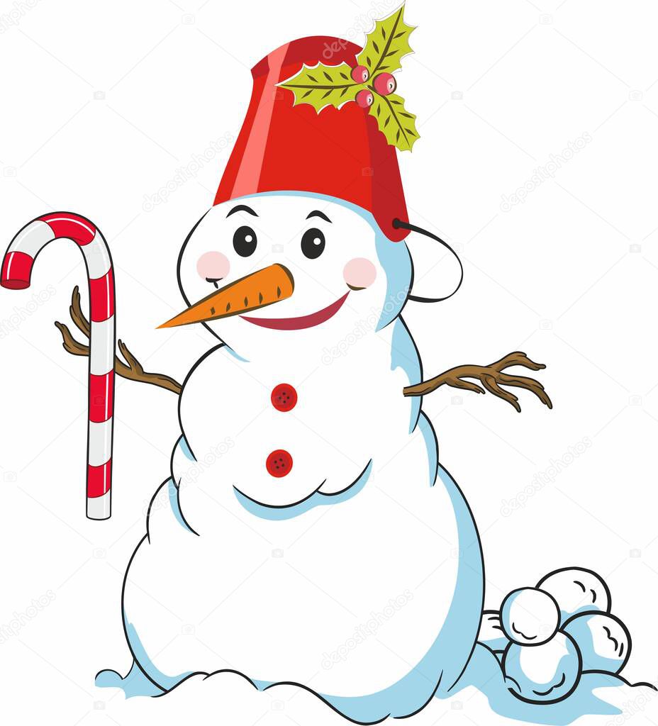 Joyful snowman with christmas candy and snowballs