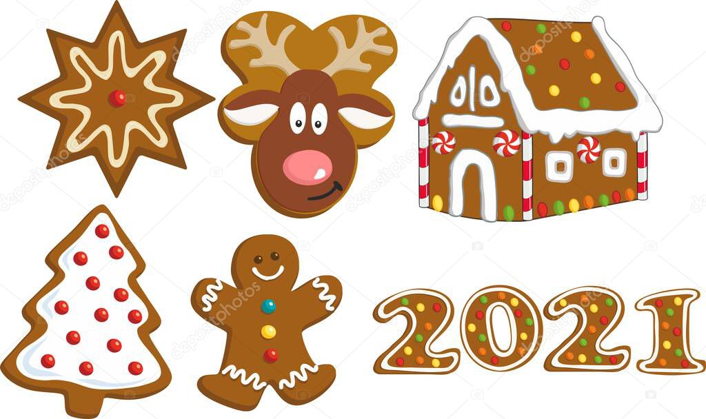 Set of cute gingerbread cookies for Christmas. Isolated over white background. Vector illustration.