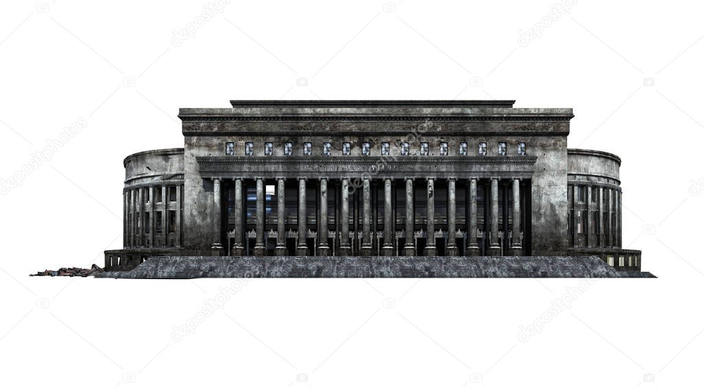 Post office building ruins. Isolated on white background. 3D Rendering, Illustration.