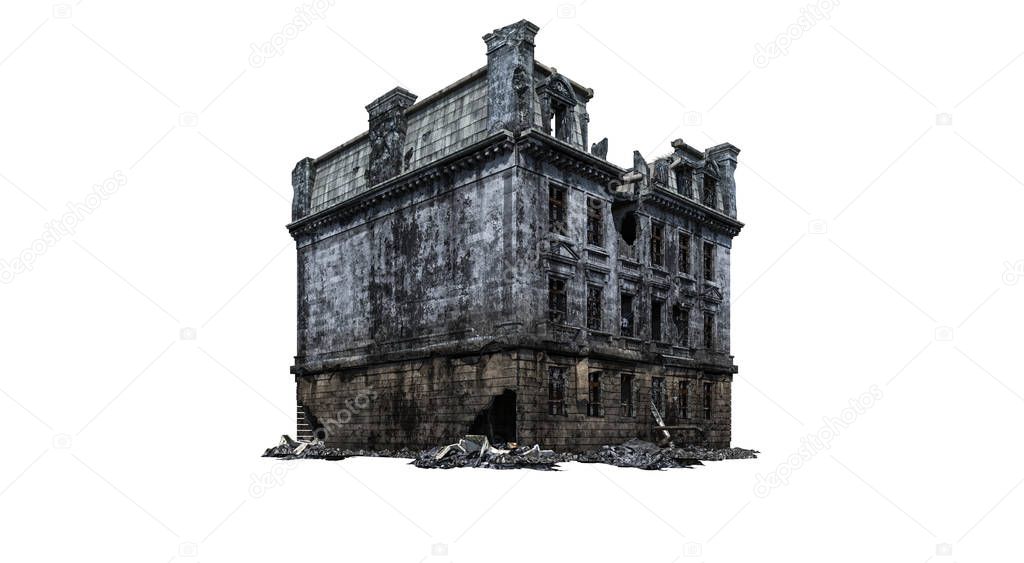 Building ruins. Isolated on white background. 3D Rendering, Illustration.