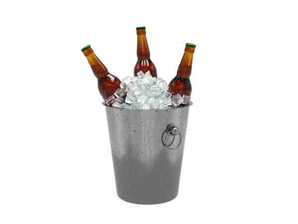 Cold beer bottles in ice of bucket — Stock Photo, Image