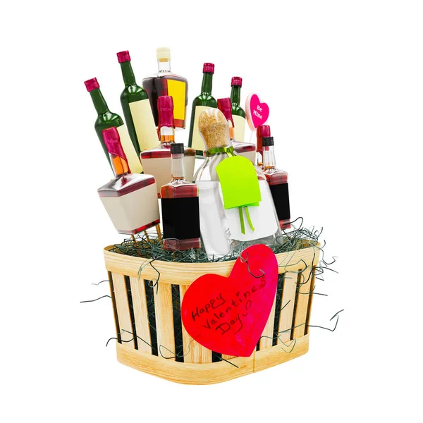 Valentinstag-Konzept. Alkoholflaschen und Geschenkboxen im Korb — Stockfoto