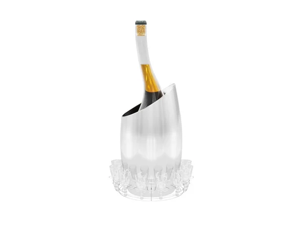 Decorative whiskey bottle in ice, around set glasses — Stock Photo, Image