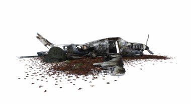 Broken plane in jungle forest leaf ground, right view clipart