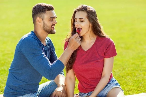 愛のカップルがピクニックで公園や飲み物スムージー 食べる果物で楽しい時を過す — ストック写真