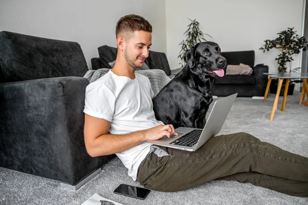 Freelancer Cara Sentado Casa Trabalhando Laptop Com Cão Nos Braços — Fotografia de Stock