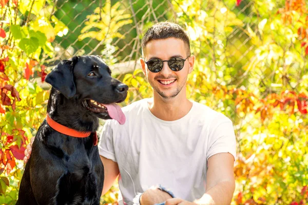 Cara Com Cão Caminha Parque Outono — Fotografia de Stock