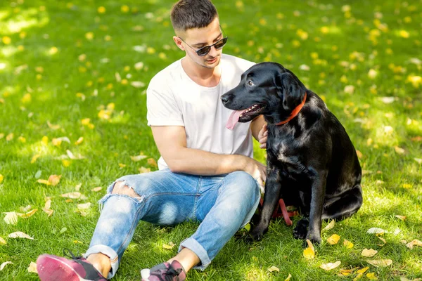 Mann Umarmt Seinen Hund Labrador Beim Spielen Park — Stockfoto