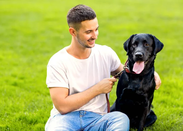 Adam Parkta Oynarken Onun Köpek Labrador Ile Sarılma — Stok fotoğraf