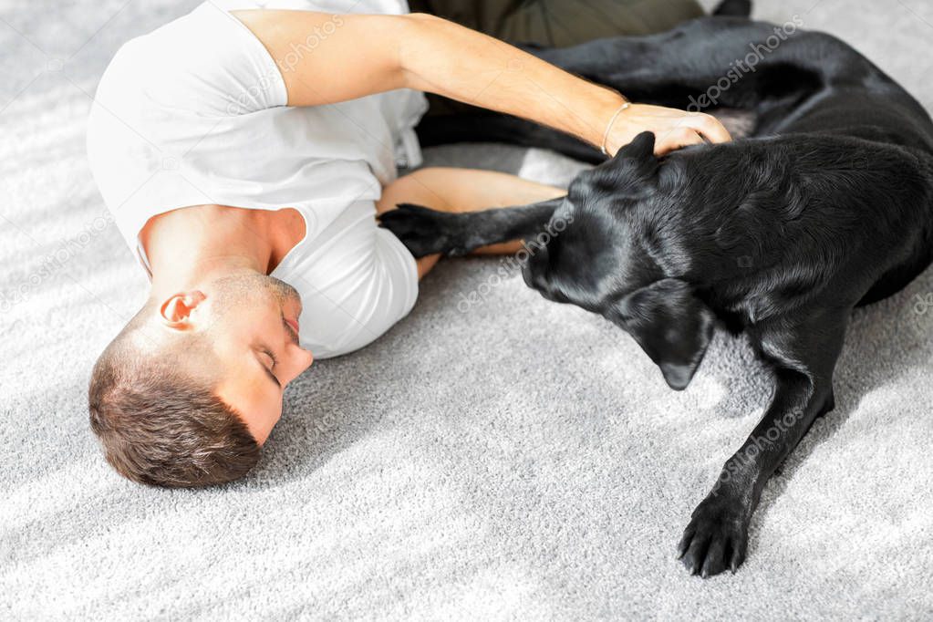 guy freelancer with his dog labrador playing at home