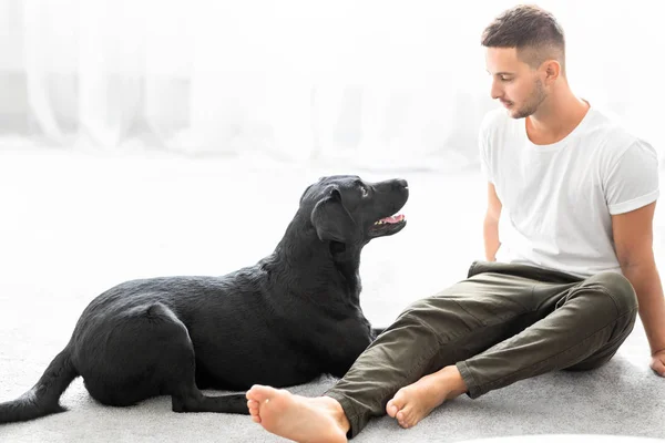 Mec Avec Son Chien Assis Maison Jouer — Photo