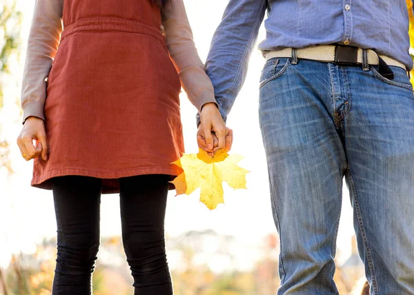 Young Couple Love Walking Autumn Park Holding Hands Looking Sunset — Stock Photo, Image