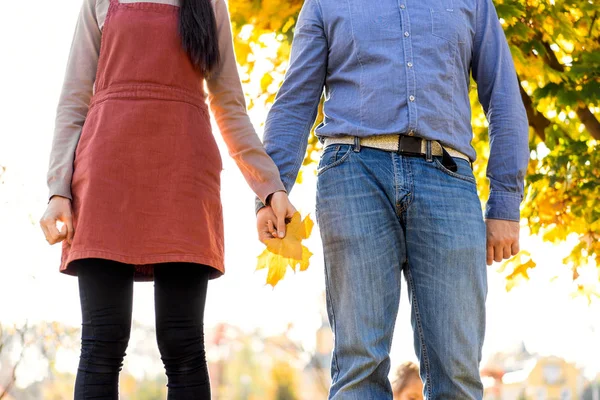 Młoda Para Zakochana Spaceruje Jesiennym Parku Trzymając Się Ręce Patrząc — Zdjęcie stockowe