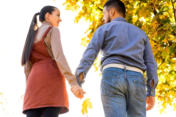 Pareja Joven Enamorada Caminando Parque Otoño Cogida Mano Mirando Atardecer —  Fotos de Stock