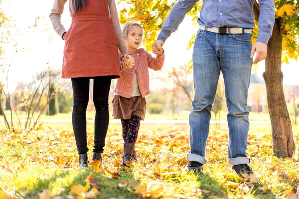 Família Feliz Pôr Sol Andando Parque Outono — Fotografia de Stock