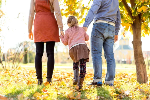 Gün Batımı Parkta Sonbaharda Yürüme Mutlu Aile — Stok fotoğraf