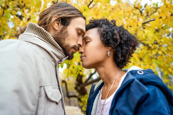 Verliebte Paare Spazieren Herbstlichen Park Afroamerikanische Mädchen Mit Einem Europäischen — Stockfoto