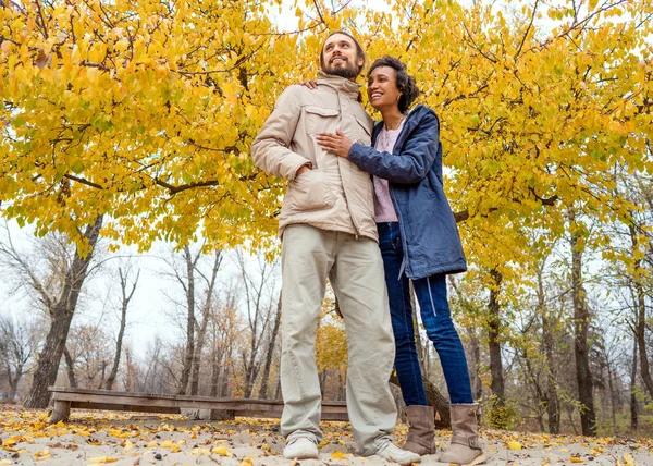 恋爱中的一对夫妇在秋天的公园里散步。非洲裔美国人女孩与欧洲人. — 图库照片