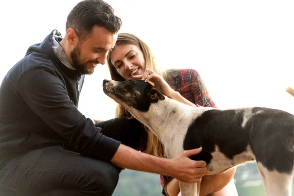 Verliefde paar met een hond in de bergen — Stockfoto