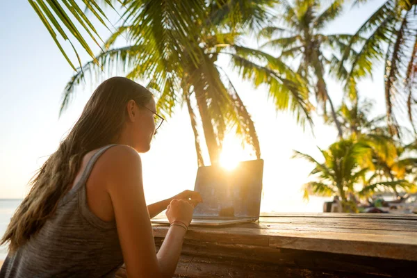 Kız Freelancer bir bilgisayar ile gün batımı denizde çalışıyor