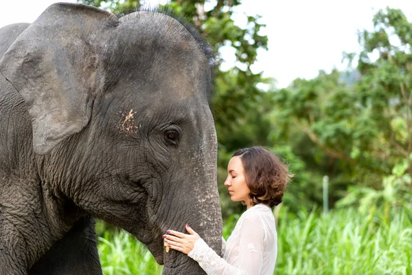 Fille étreignant un éléphant dans la jungle — Photo