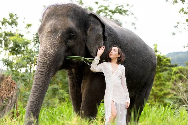 Fille étreignant un éléphant dans la jungle — Photo