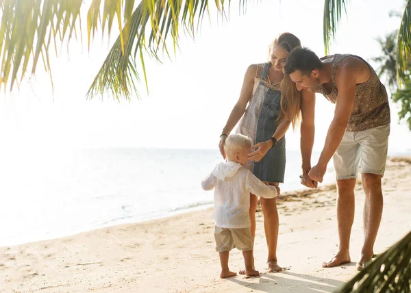 Paseo familiar por la playa al atardecer con su hijo: silueta de vista trasera — Foto de Stock
