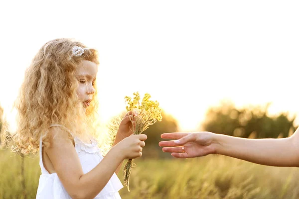 Niña da un ramo de flores a mamá al atardecer en la naturaleza —  Fotos de Stock