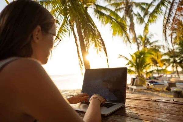 Szabadúszó lány számítógép között trópusi pálmafák dolgoznak a szigeten naplementében — Stock Fotó