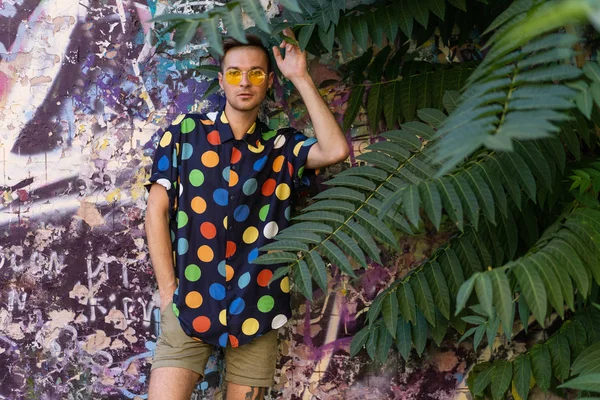 Fashion Guy in zonnebril poseren op een geschilderde muur in Palm bladeren — Stockfoto