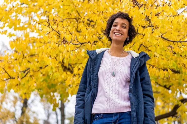 Afro girl in autumn park outdoors smiling — Stock Photo, Image