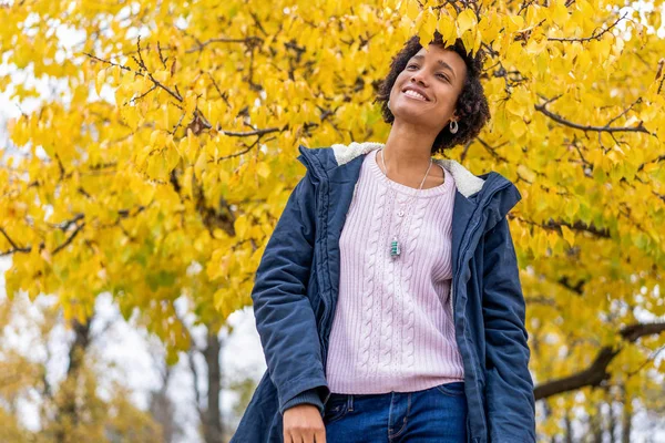 Afro girl in autumn park outdoors smiling — Stock Photo, Image